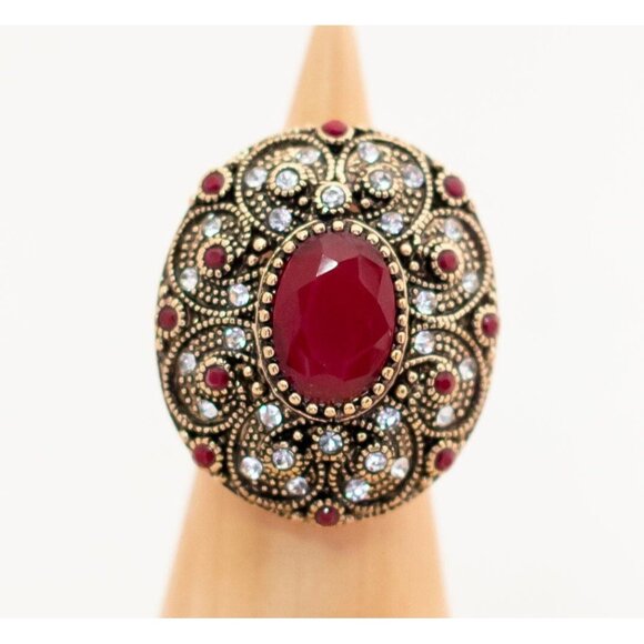 Vintage Art Deco Ruby Mandala Round Ring Size 6 1/2 - T1 - Picture 1 of 3